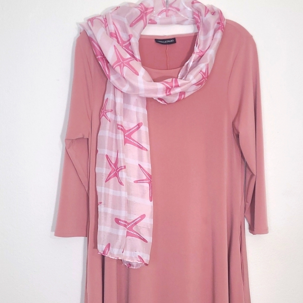 Dress Pink Stetchy Sheath Solid Hidden Pockets Crew Neck 3/4 Sleeve & Scarf